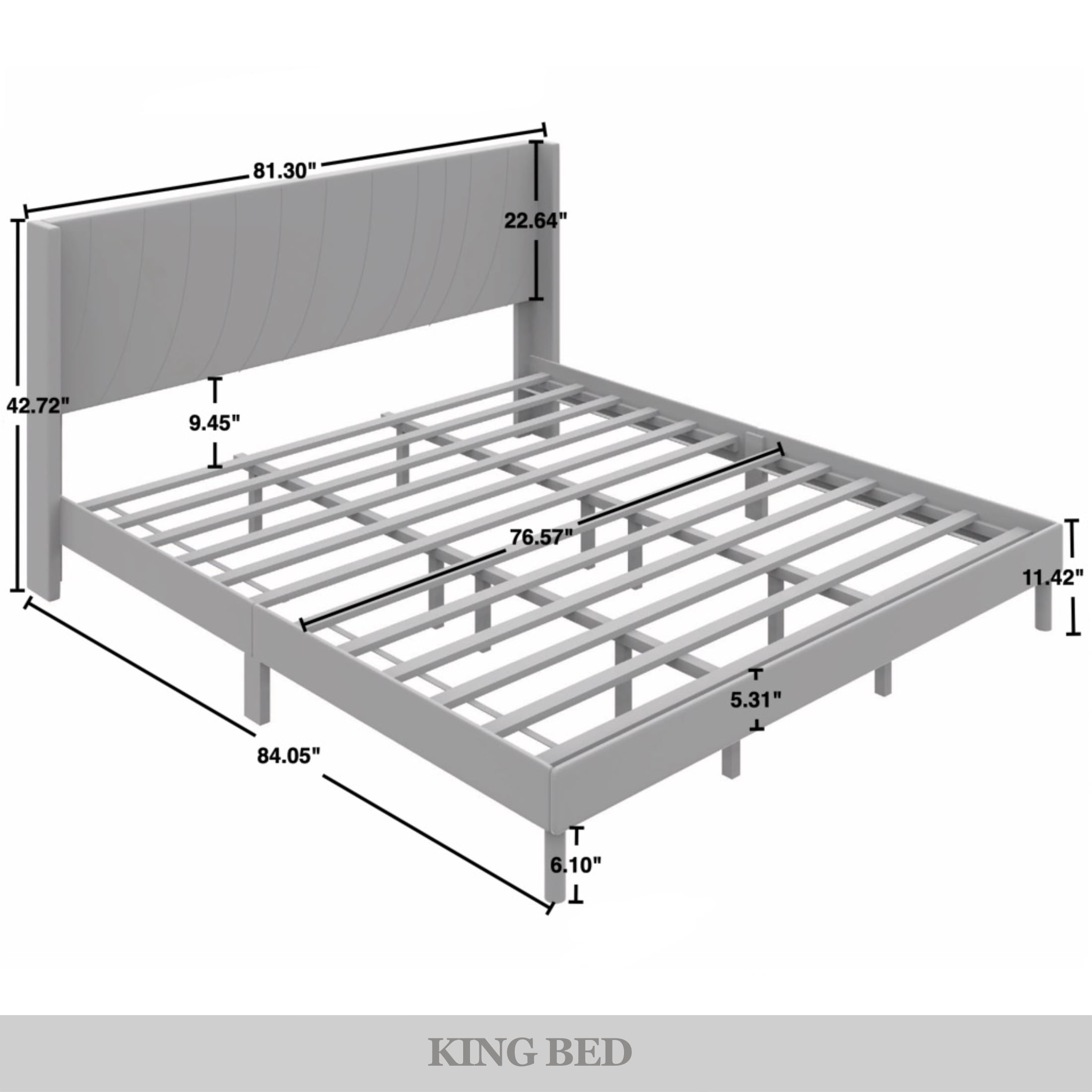 Castle Place Sleek Contemporary Velvet Upholstered King Platform Bed, Light Grey
