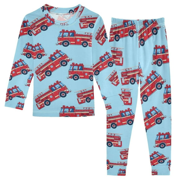 joogoo Cartoon Fire Trucks 2 Piece Long Sleeve Tee and Pants Cotton Pajama Set 5Y