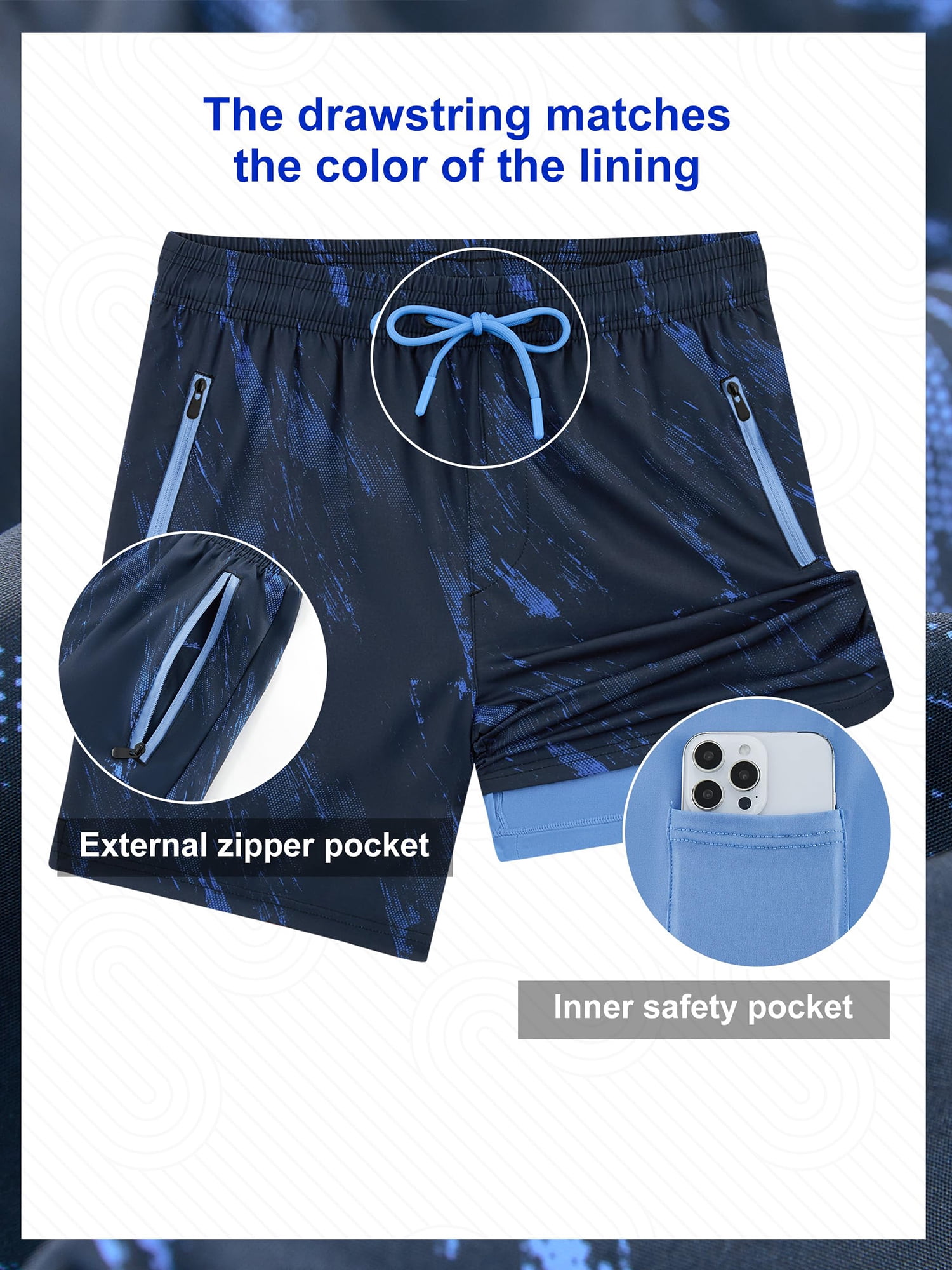 APTRO Mens Swim Trunks with Compression Liner 5 inch Inseam Quick Dry 2 in 1 Beach Bathing suits with Zipper Pockets 1-Blue L