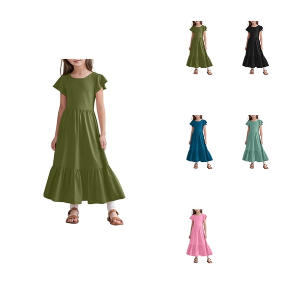 Girls Summer Pleated Short Sleeve Crew Neck Loose Casual Flowy Tiered Maxi Dress with Pockets for 6-12 Y
