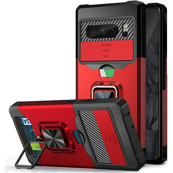Military Grade All-In-One Ring Stand Card Case for Google Pixel 8 Pro - Red