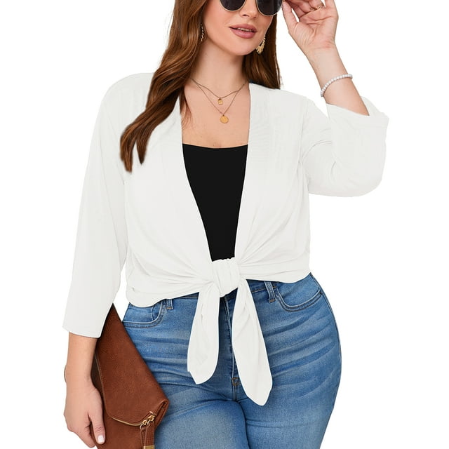 SHOWMALL Cardigans pour Femmes Grande Taille Légers à devant Ouvert Cardigans Manches 3/4 Blanc 2X Décontracté Doux Drapé Automne Été Court