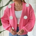 thumbnail image 5 of Women's Floral Knit Cardigan V-Neck Long Sleeve Button Sweater for Fall Hot Pink M, 5 of 6
