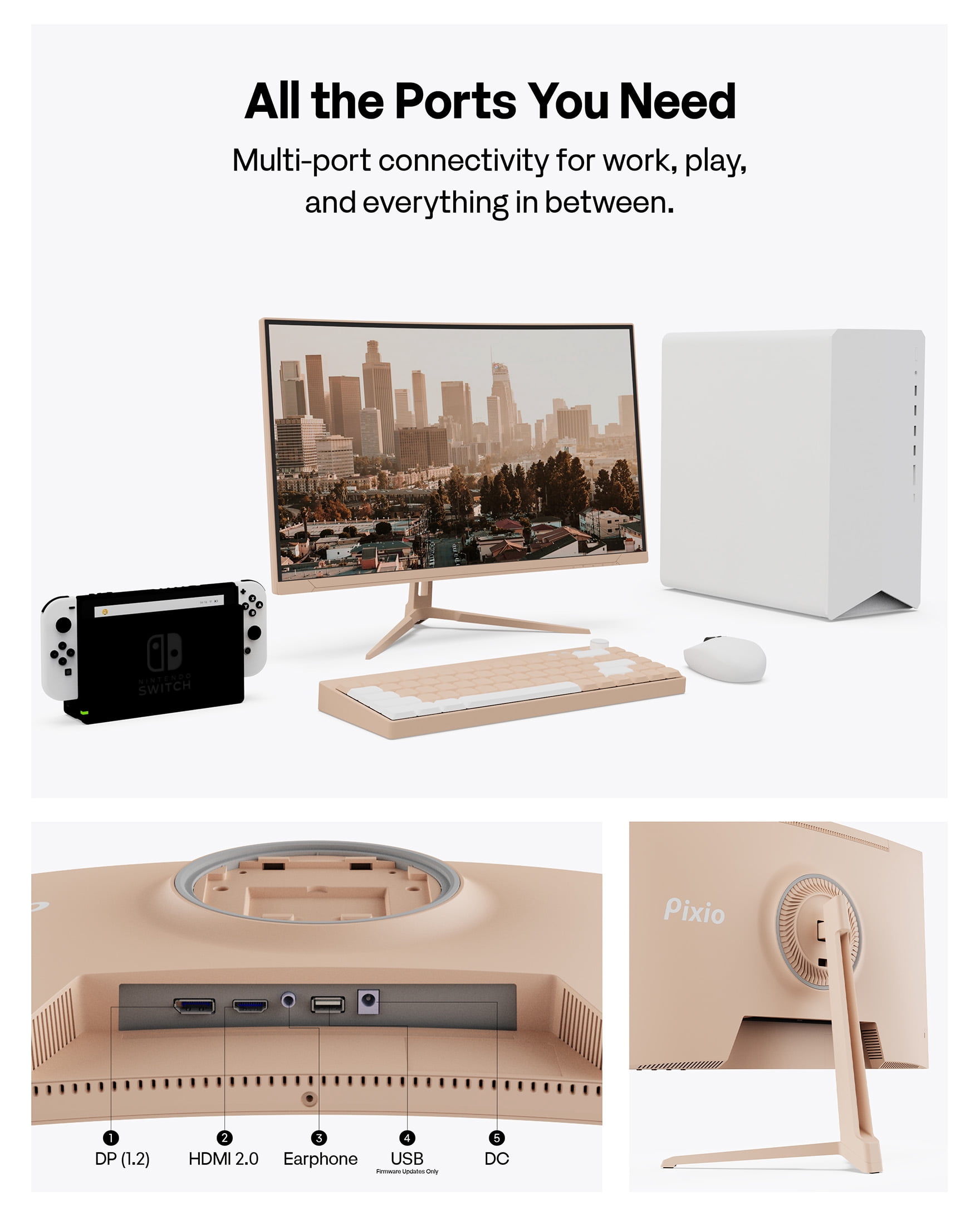 Pixio PXC248 Wave Beige 24 inch 200Hz Refresh Rate FHD 1080p Resolution 1500R Curve Fast VA Panel 1ms GTG Response Time Adaptive Sync HDR Curved Gaming Monitor