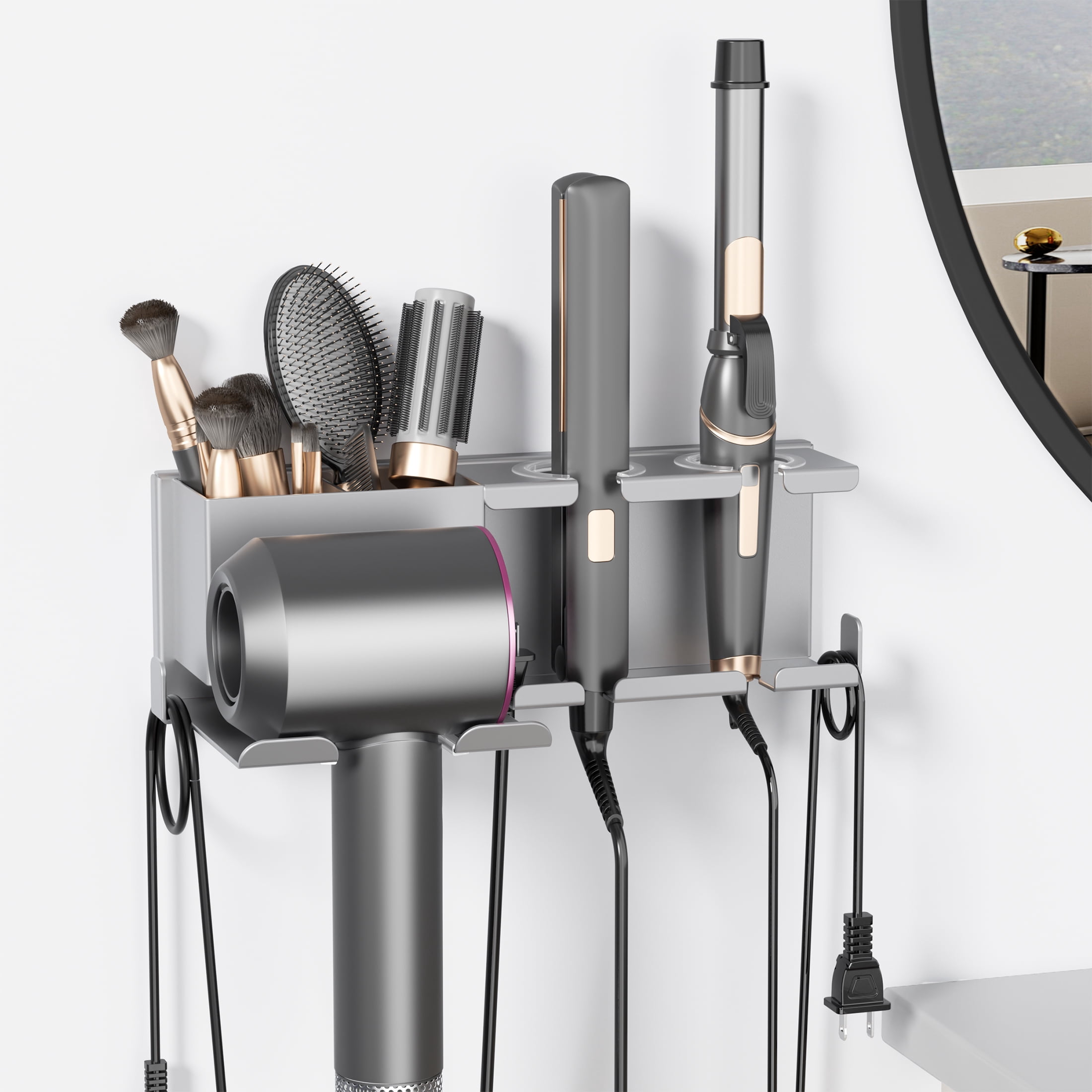 BOIVSHI Hair Dryer Holder Wall Mounted,Blow Dryer Holder for Bathroom, Metal Hair Dryer Rack, Muti-Function Hair Tool Organizer(Gray)