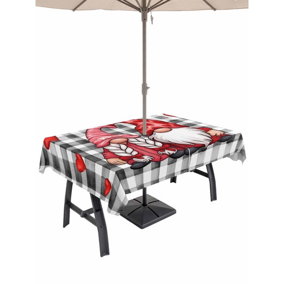 Outdoor Tablecloth with Umbrella Hole and Zipper, Valentine's Day Rectangle Table Cloth 60x120 Inch Waterproof Tablecloth, Red Gnomes Love Checkered Buffalo Picnic Table Cover for Patio Camping