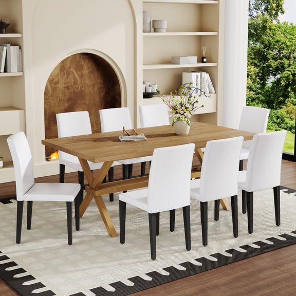 Droom 8-Person Dining Set - Wood Grain MDF Table with Metal X-Frame & White PU Leather Chairs - 71" Table, Seats 8