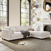 L-shaped Sofa with Removable Ottomans, Linen Upholstered Sectional Sofa with Waist Pillows and Padded Backrest, Sofa Recliner for Bedroom Living Room, Beige