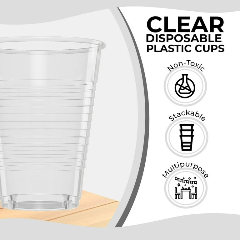 100 Pk 16 oz Clear Plastic Cups, Blue Rimmed Disposable Cups