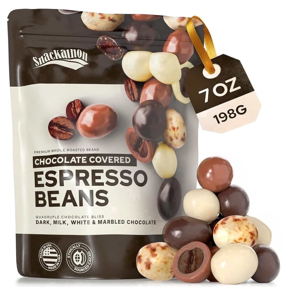 Snackathon Chocolate Covered Espresso Beans, 4 Chocolate Blend (Dark, Milk, White, Marbled), 7 OZ Resealable Bag, Gourmet Candy Snack for Coffee Lovers