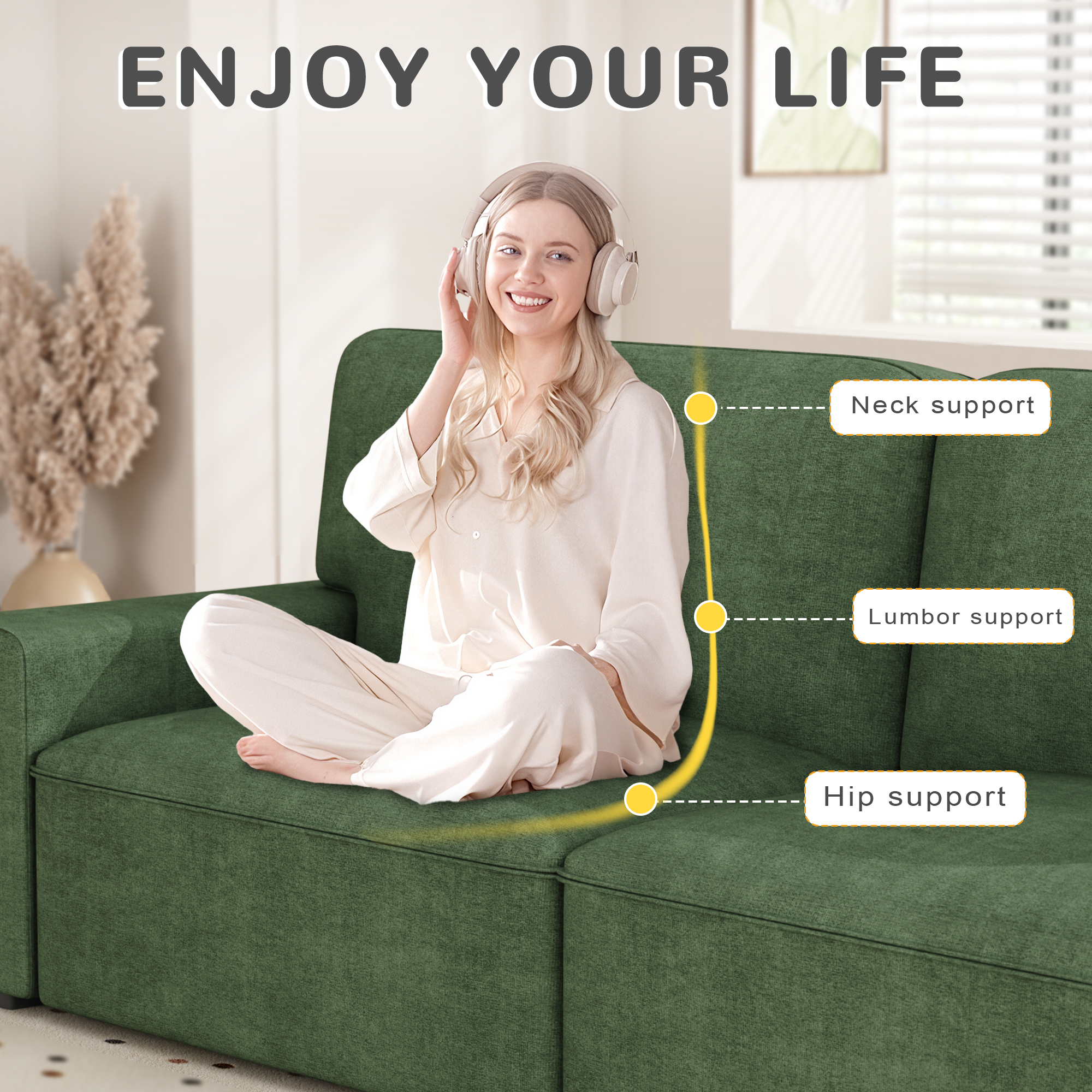 AAQZ 87" Comfy Sofa for Living Room, 3 Seater Chenille Fabric Couch for Small Space, Green