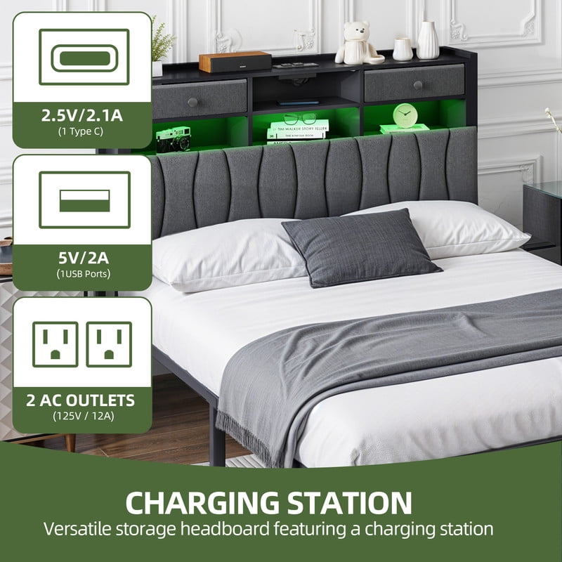 Uforic Full Upholstered Bed Frame with Charging Station, LED Platform Bed with Storage Drawers, Gray