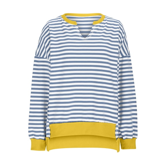 FRSASU Womens T Shirts Long Sleeve Stripe Color Block V Neck Basic Tee Casual Loose Fit Soft Fall Tops Light Blue
