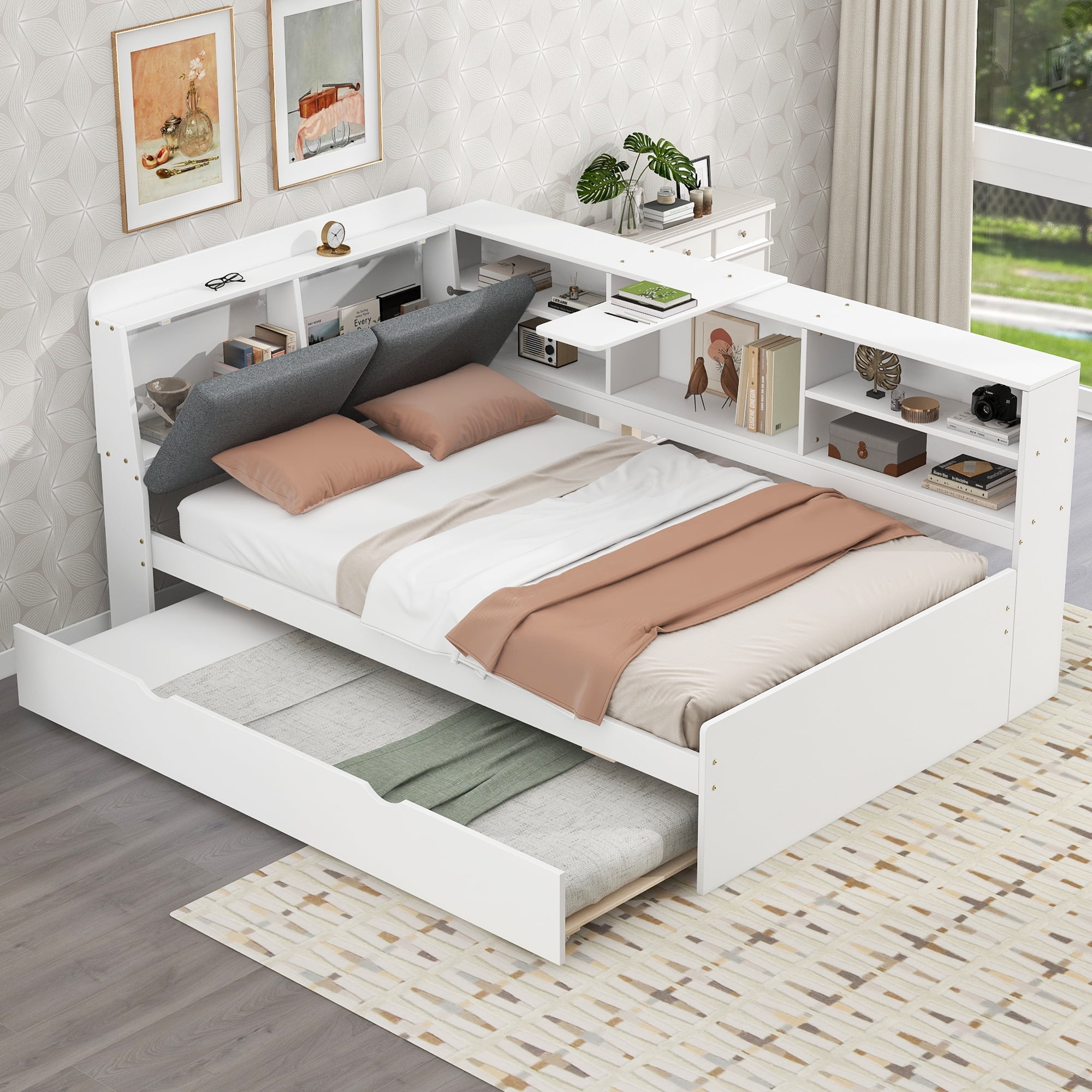 Euroco Wood Twin Size Daybed with Trundle, Low Profile Storage Bed with Shelves and Table, White