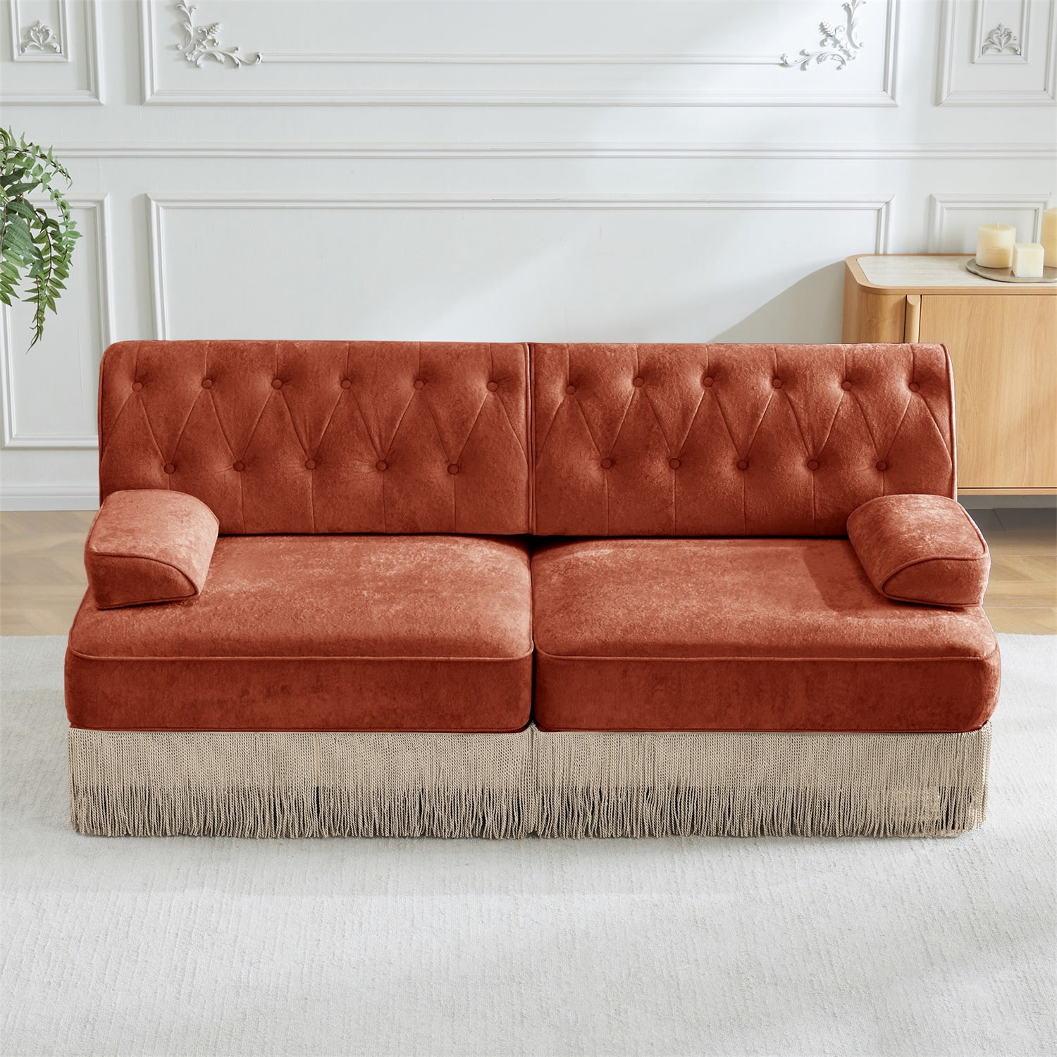 Hommoo 2-Seater Chesterfield Style Velvet Fabric Sofa Couch set, Tufted Button Upholstered Design and Floor-grazing TasseL, Free Combination Sectional Sofa, for Home, Red Brown
