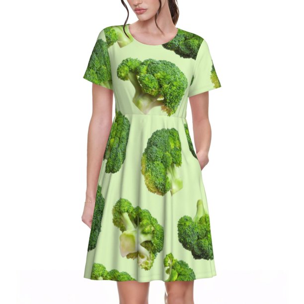Fotbe Broccoli 3 Vestido Largo de Moda para Mujer, Vestido Tipo Camiseta con Manga Corta y Estilo Casual a Rayas y Bloques de Color