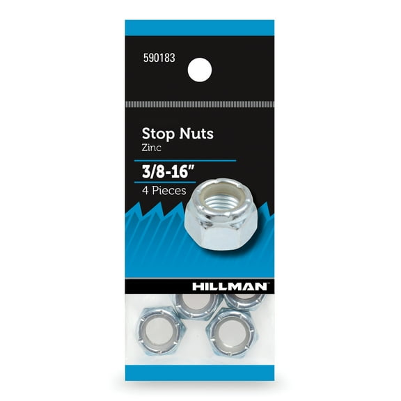 Hillman Stop Nuts, Lock Nuts, 3/8"-16, Nylon, Zinc Plated, Pack of 4