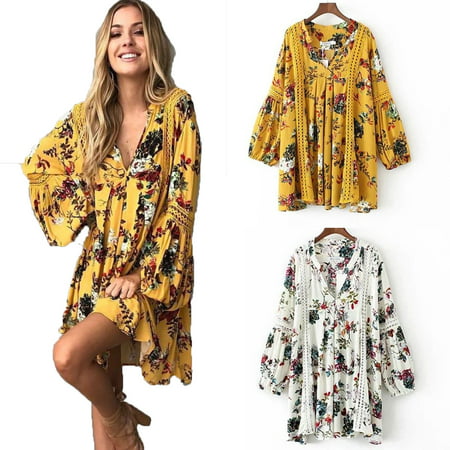 Women Hollow Out Boho Spring Summer Vintage Loose Lace Lantern Sleeve Ruffle Floral V Neckline Tunic Dress