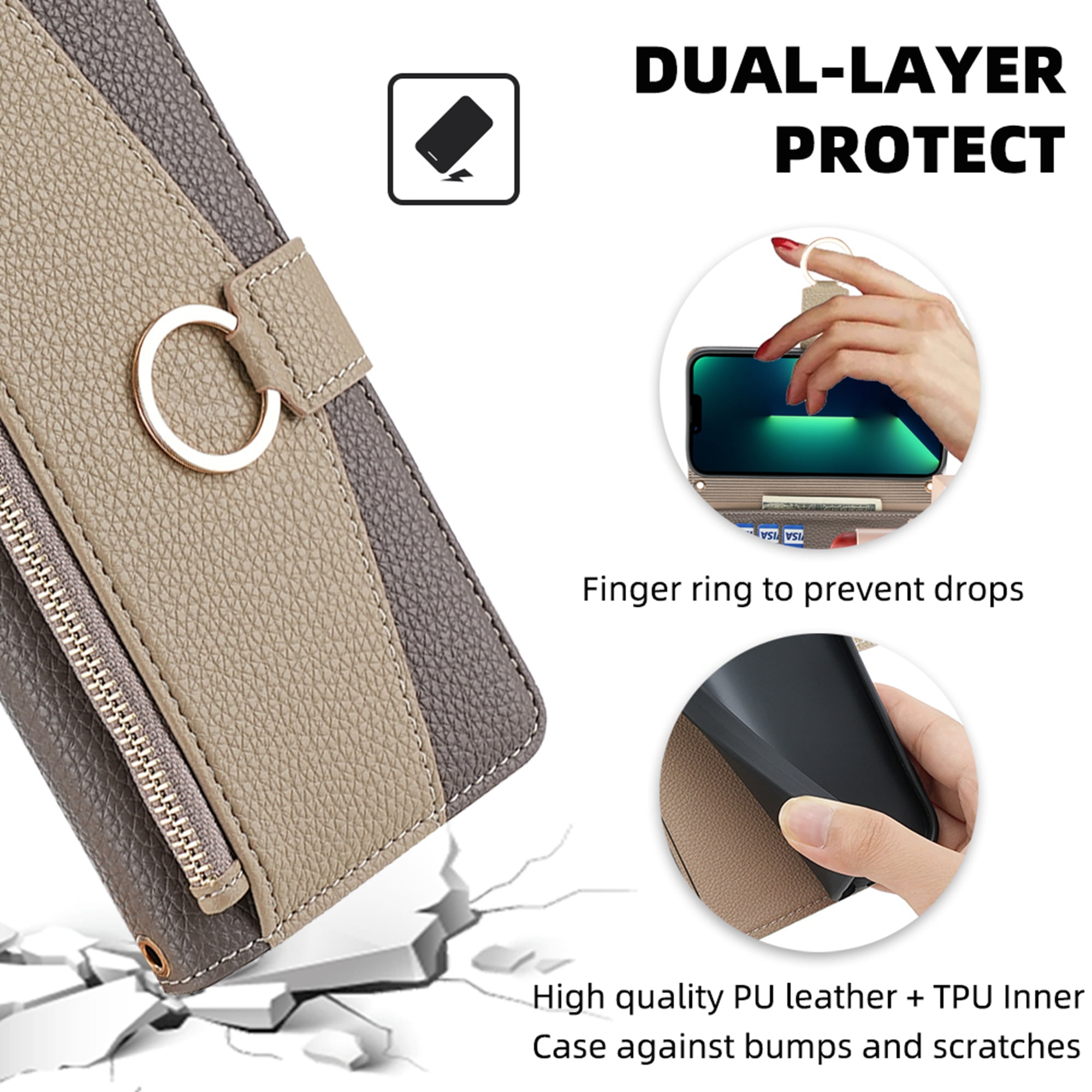 Dteck Crossbody Wallet Case for iPhone 14 Pro Max, Premium Color-Blocking PU Leather Zipper Purse with Card Holder Mini Mirror for Women Girls, Folio Flip Phone Case with Magnetic Closure,Gray