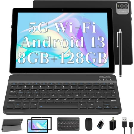 Android 13 Tablet with Keyboard, 2024 Newest 10.1 Inch 2-in-1 Tablet, 8GB RAM+128GB ROM Tablets PC, 1.8Ghz Quad-Core, 8MP Camera, 6000mAh Battery Tableta with Case, Mouse Tempered Film, Stylus