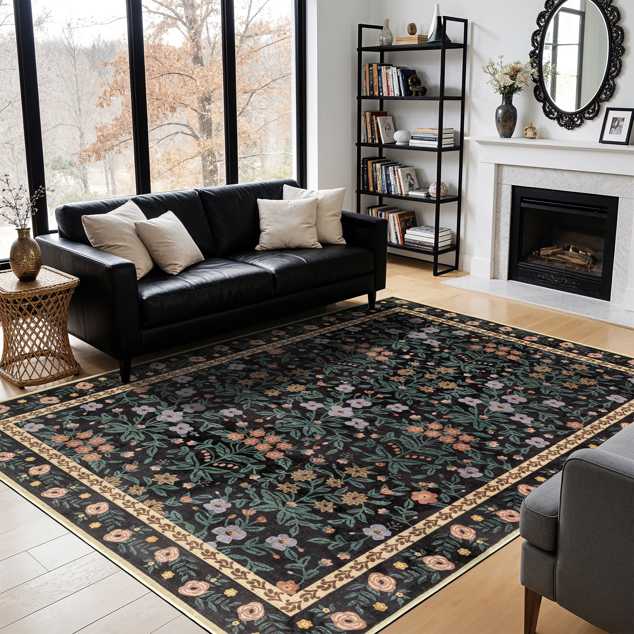 SORONO KATE 4'x6' Floral Area Rugs for Living Room, Machine Washable Oriental Vintage Distressed Non Slip Soft Indoor Area Carpet, Black/Green