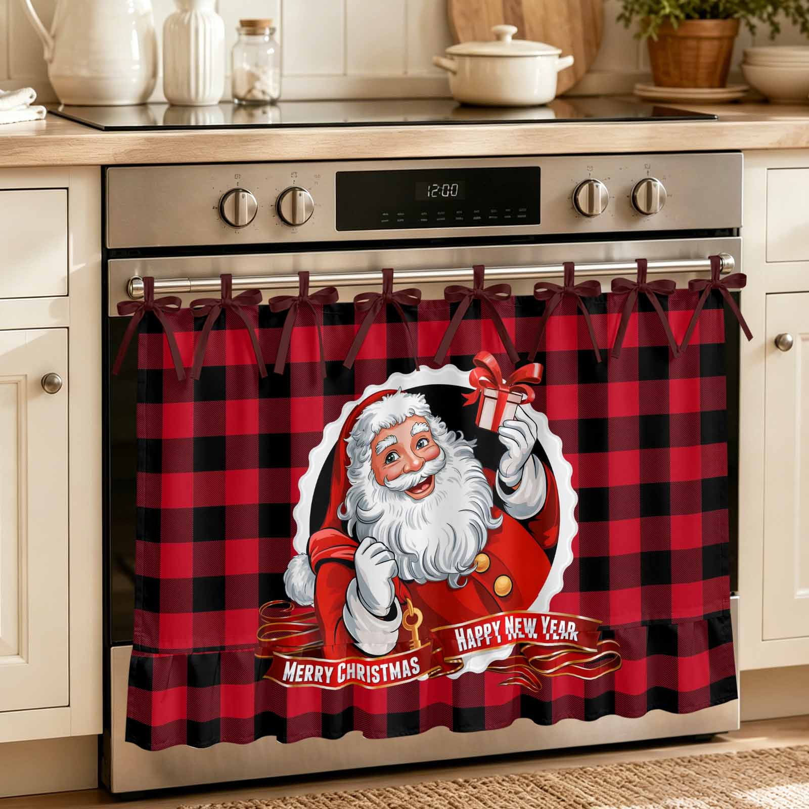 Oven Curtain for Kitchen Merry Christmas Santa Claus Stove Curtain With Ruffled Trim Dishwasher Curtains Red and Black Buffalo Plaid Oven Skirt 27 x20