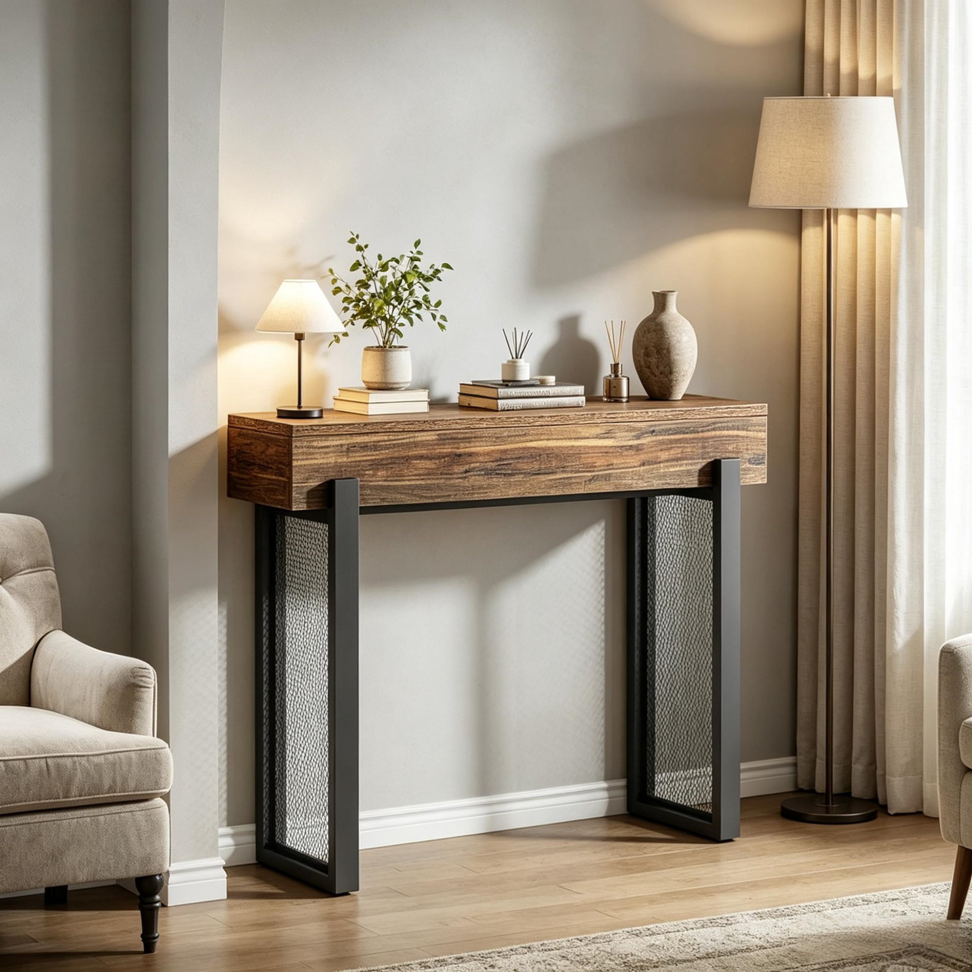 46.06 in Console Table, MDF Sofa Entryway Table with Storage and Mesh Metal Legs for Living Room, Foyer, or Behind Couch