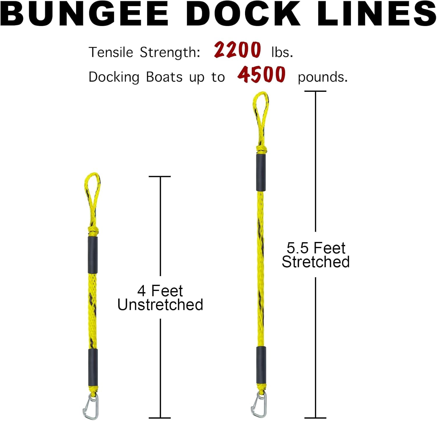 4 Feet Bungee Dock Line Mooring Rope for Docking with Stainless Steel Clip Accessories for Boats PWC, Built in Snubber, Kayak, Watercraft,SeaDoo,Jet Ski, Pontoon, Power Boat 2-Pack (Yellow&Black)