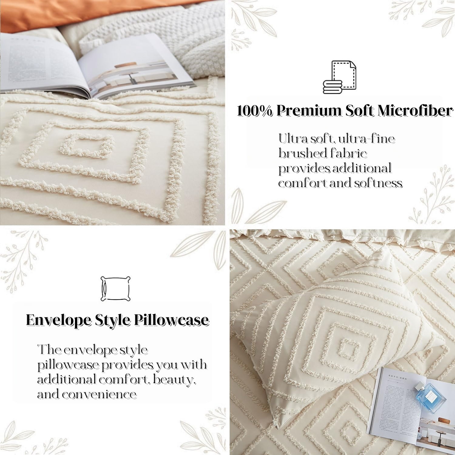 JOLUSERE Jacquard Geometric Pattern Tufted Duvet Cover Queen Set, 3 Pieces Boho Ultra Soft Embroidery Bedding Set, Beige