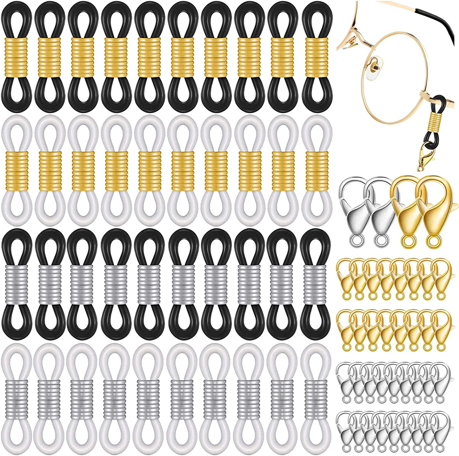 Eyeglass Chain Ends, Eyeglass Chain Connector, 200 Pieces Adjustable Spring  Rubber Ends Connectors, 100 Lobster Clasp for Glasses Strap, Glasses  Holder, Sunglasses strap, Face mask Connector 