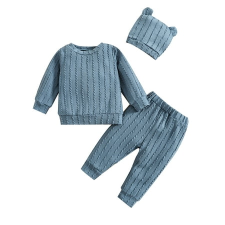 

Frobukio 3Pcs Toddler Baby Boys Girls Clothes Set Long Sleeve Textured Surface Pullover Tops Elastic Waist Trousers Hat Blue 6-12 Months