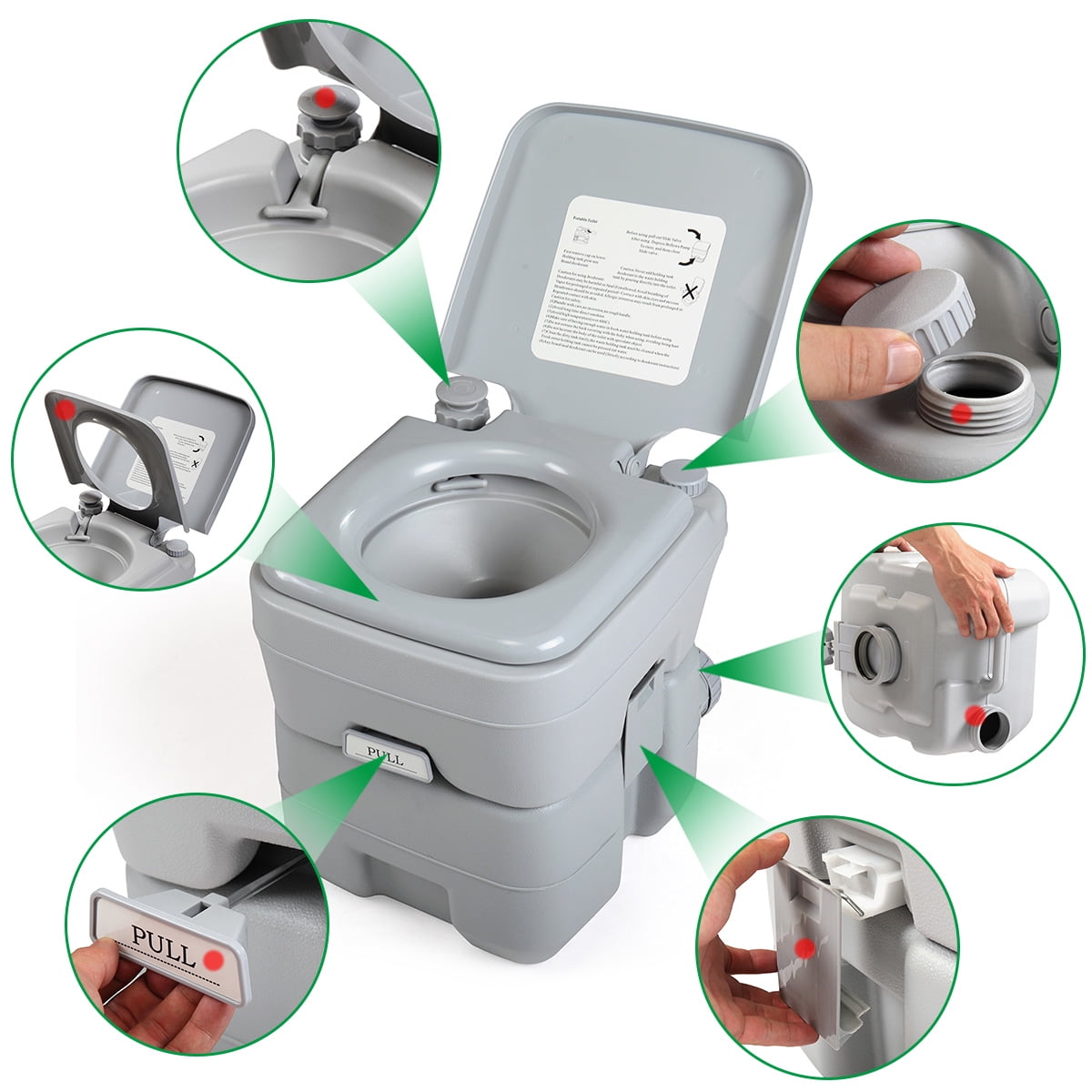 JAXPETY Portable Push-rod Toilet, 20L/5.28 Gallon Outdoor Commode with Detachable Tank for Camping, Boating, Hiking and Traveling, Cold Gray