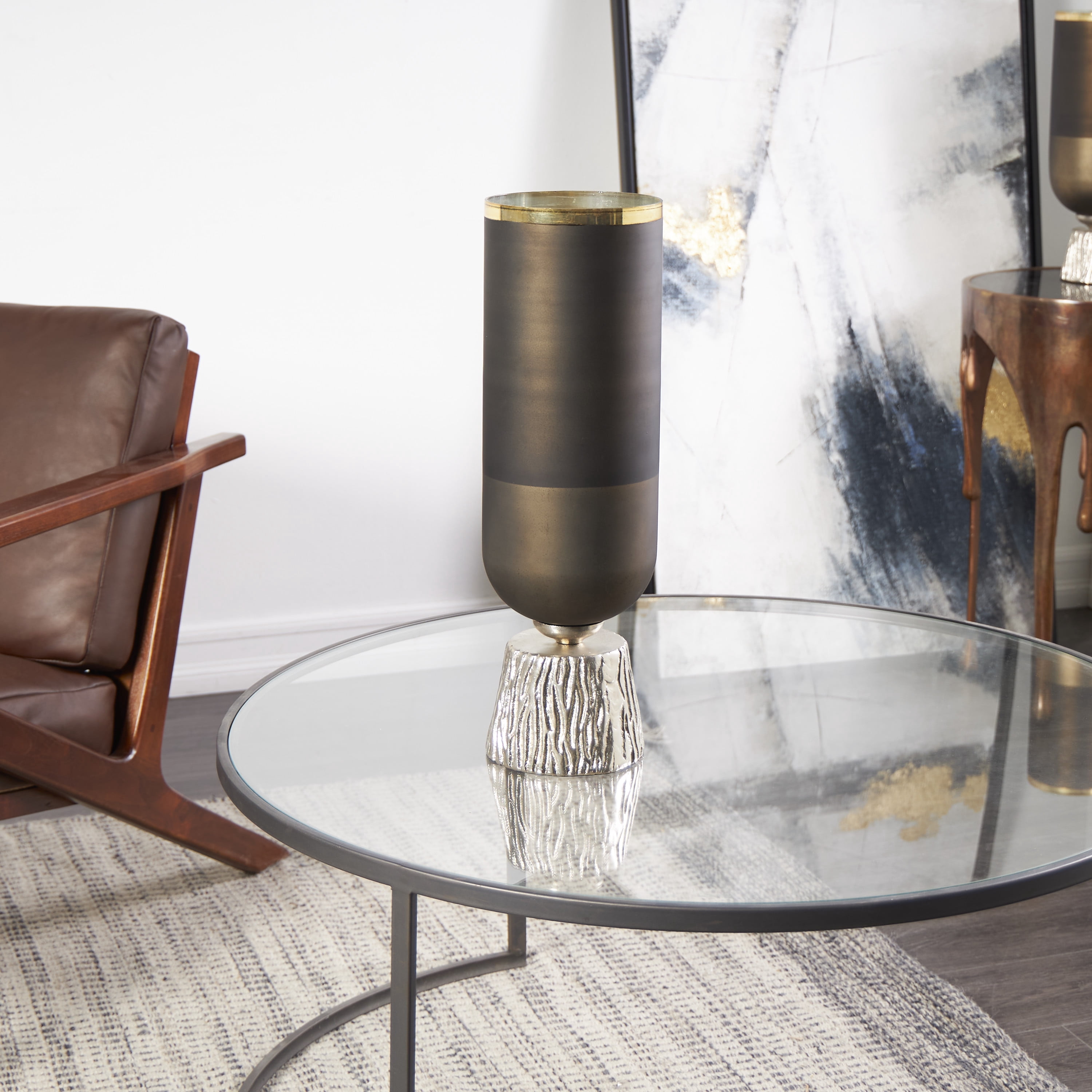 DecMode Bronze Glass Colorblock Candle Holder with Gold Accents and Textured Silver Base