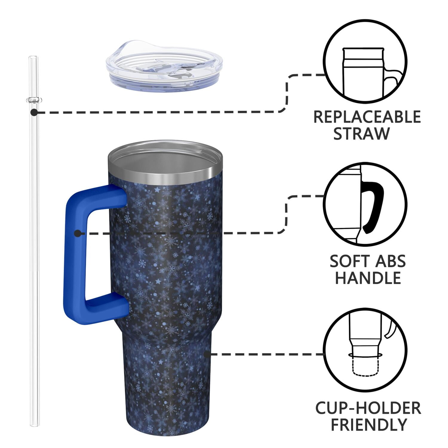 Dark Blue Christmas Snowflake Pattern Tumbler with Handle and Lid,40oz Double Wall Vacuum Insulated Tumbler,Cups Gift for Women and Men