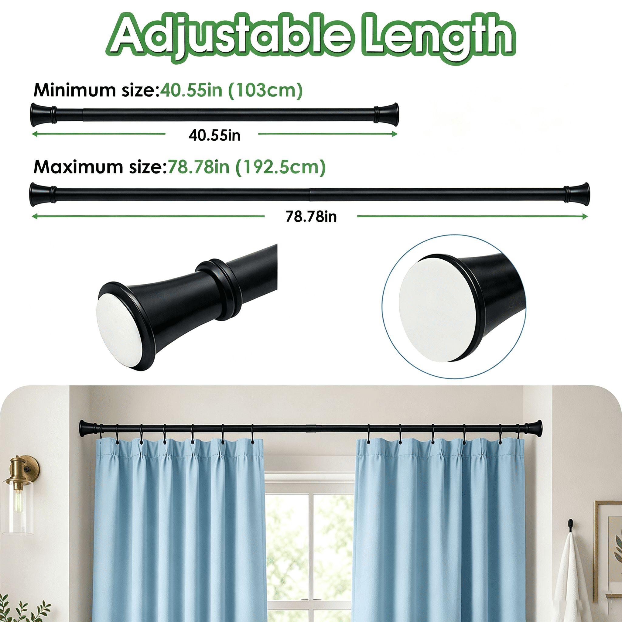 40.55‑78.78 Inch Adjustable Tension Curtain Rod, No‑Drill Shower Curtain Rod, Black Spring Tension Rod, Non‑Slip Window Curtain Rod for Bathroom, Closet, Doorway