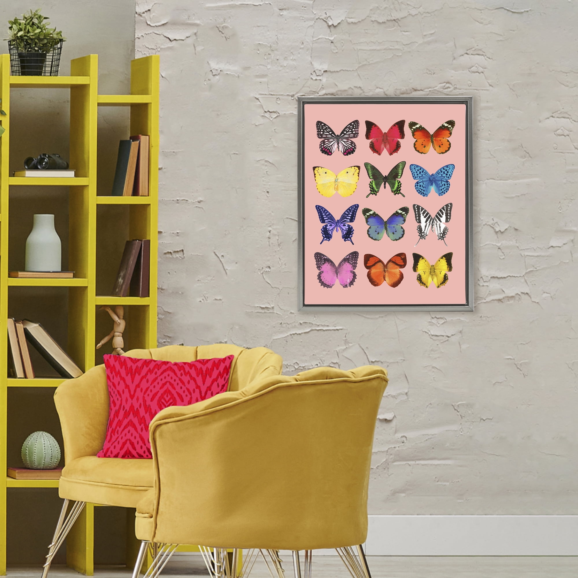 Butterfly Species on Pink Gray Framed Floater Canvas Wall Art, design by LISH Creative