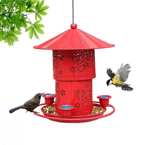 DHGDJ54G Metal Double Layer Retractable Bird Feeder Squirrel Hummingbird Water Feeder Outdoor Hanging Suet Cake Feeder with Tail Prop Standing Feeder for Outdoor Bath Heated