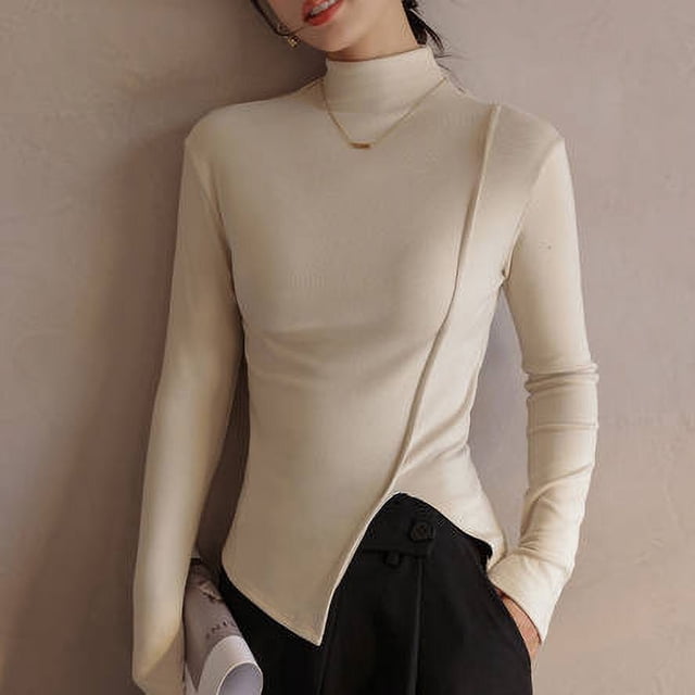 Vente Liquidation de Hauts pour Femmes! Col Roulé pour Femmes à Manches Longues Automne Basique Superposition Coupe Ajustée sous-Vêtements Thermiques Doux Extensibles Fente Latérale Hauts Légers Beige P