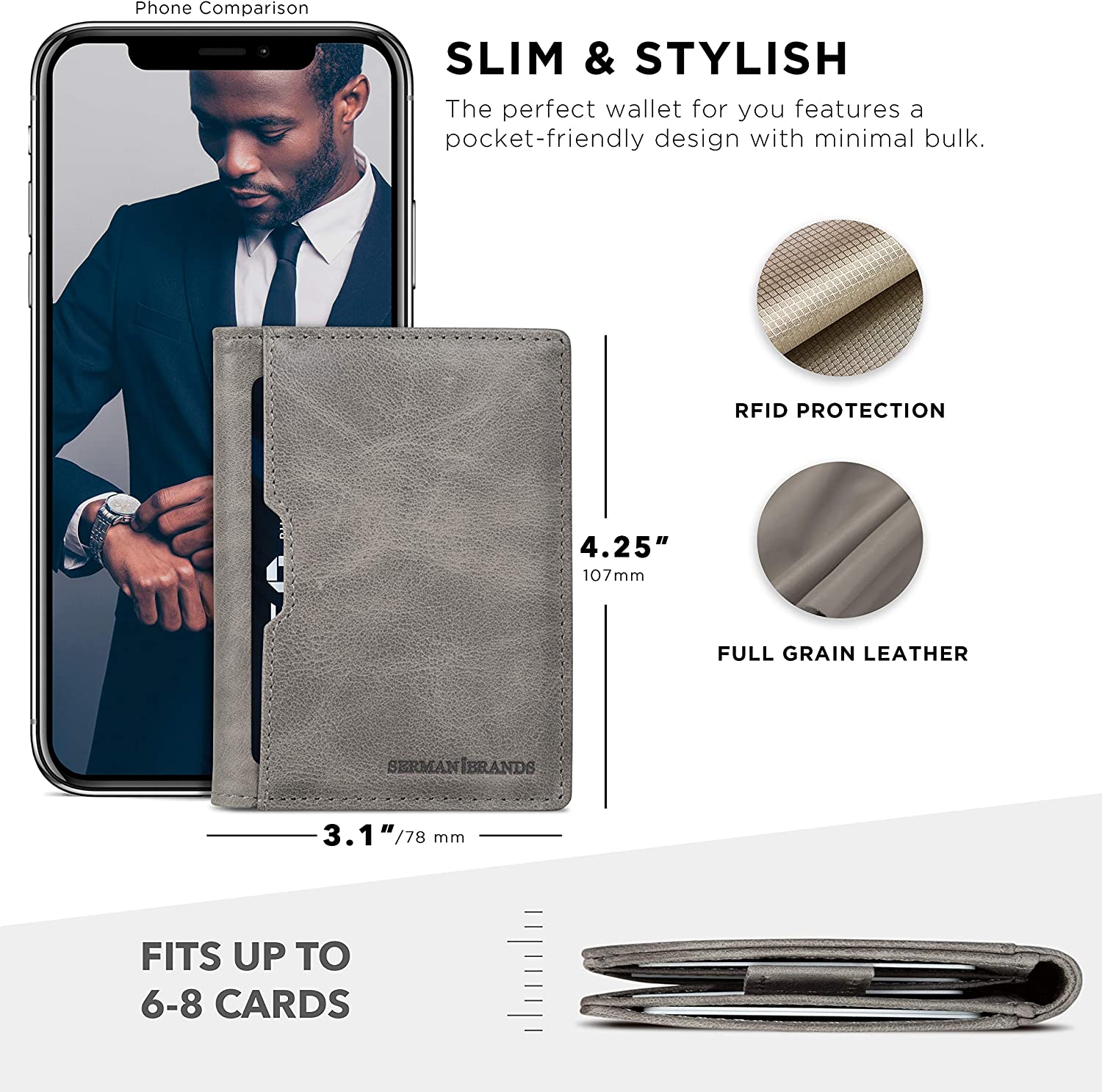 Serman Brands Wallets for Men | Slim Mens leather Wallet | RFID Blocking Minimalist | Card Front Pocket Bifold Travel Thin | Slate Gray - image 2 of 6