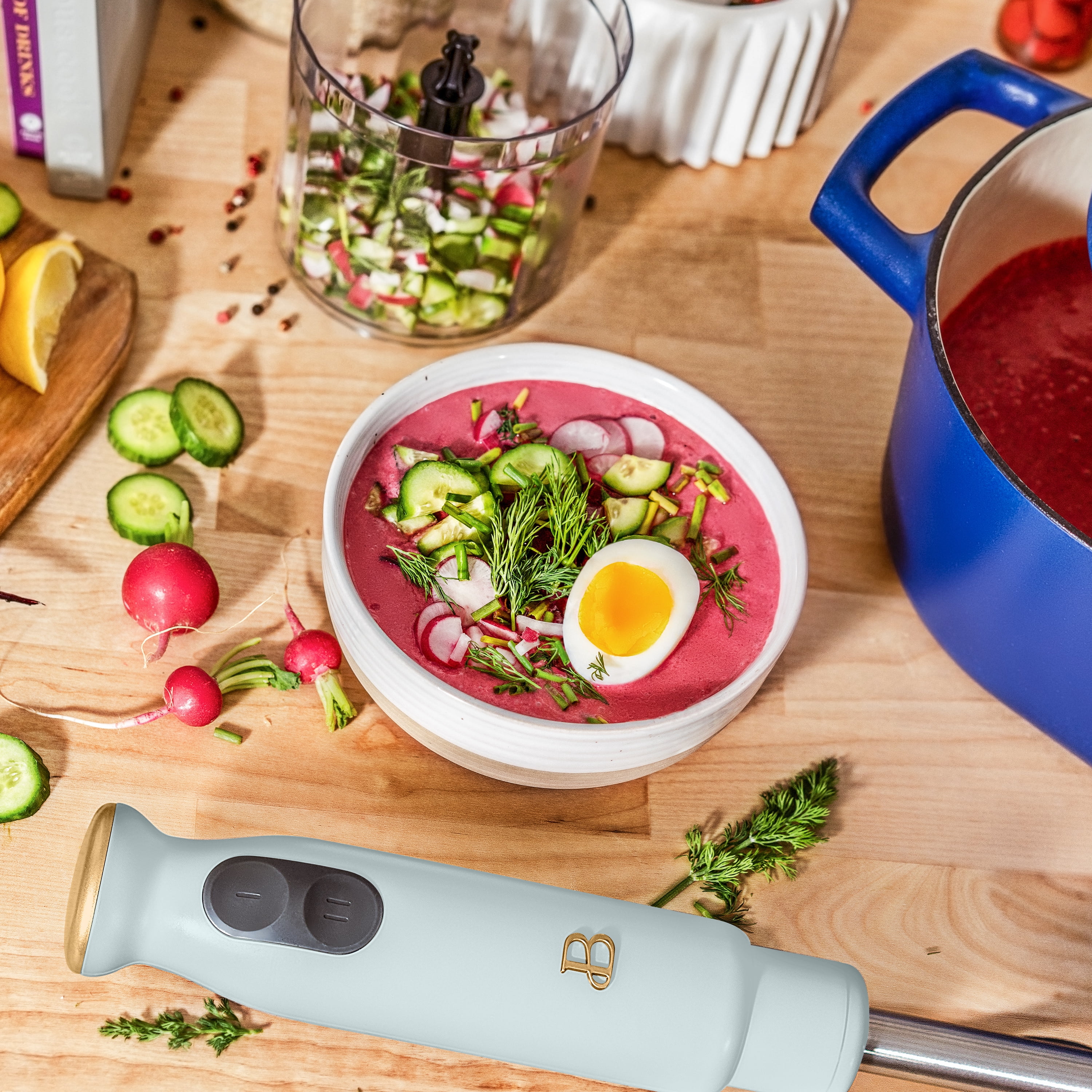 Beautiful 2-Speed Immersion Blender with Chopper & Measuring Cup, Hydrangea by Drew Barrymore