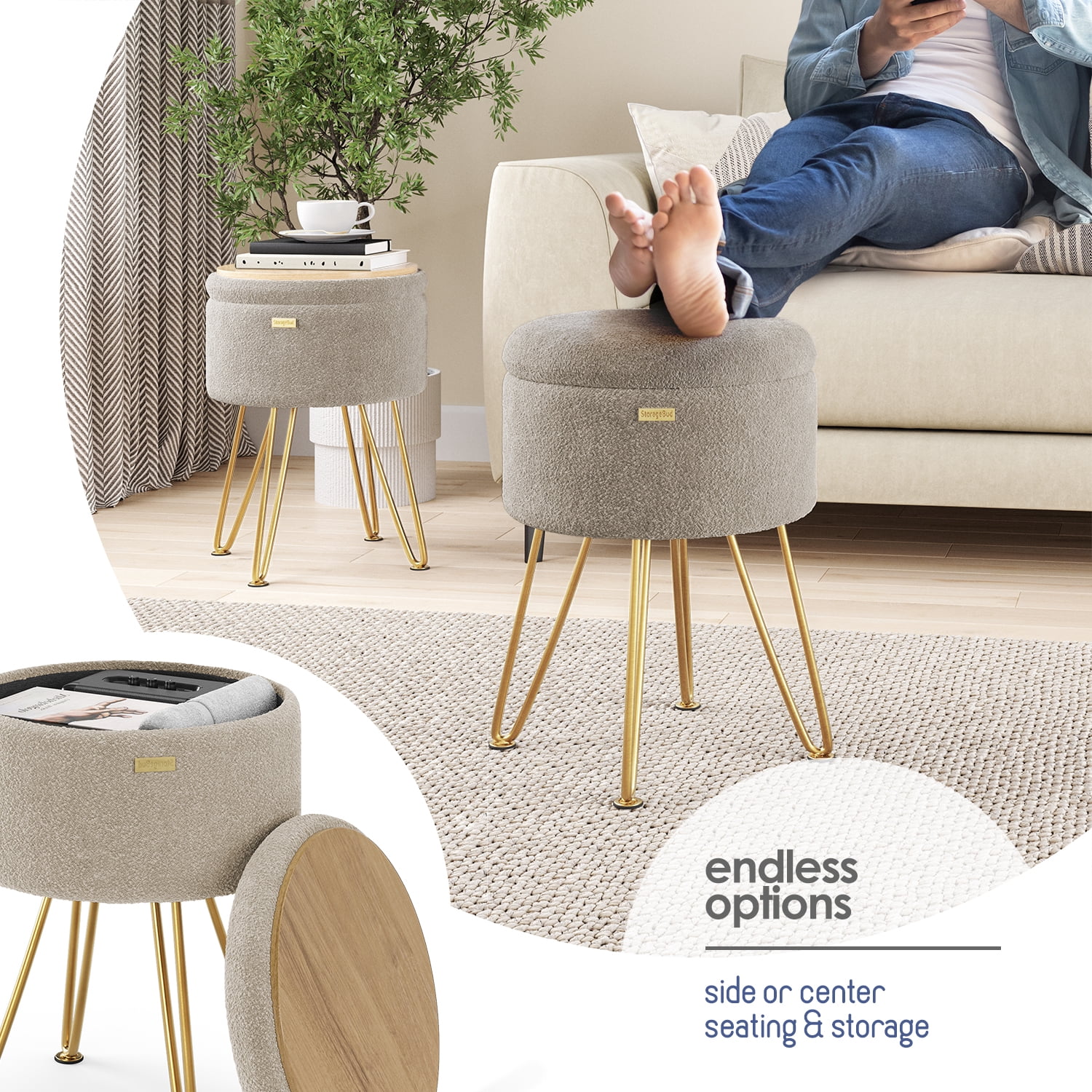 Hearth & Harbor Round Ottoman with Storage, Luxurious Foot Stool and Chic Vanity Stool with Storage, Elegant Boucle Beige