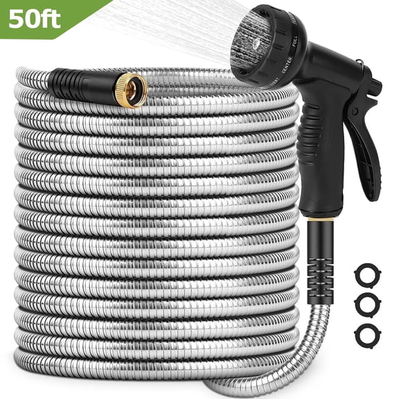 Kisportee Garden Hose 50ft, 304 Stainless Steel Water Hose with 10 Functional Nozzles, 3 /4 Inch , Kink & Tangle Free, Rust Proof, 150 Psi