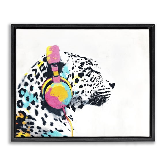 Stupell Industries Leopard On Air Headphones Black Framed Floater Canvas Wall Art, design by Svetlana Aleynikova