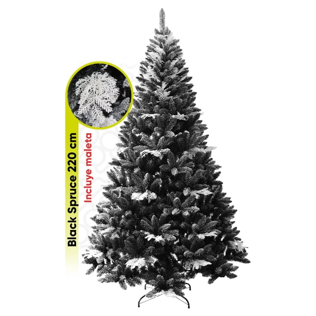 Árbol De Navidad semi Nevado Negro Artego Black Spruce Premium Material Ramas PE Pino Navideño 220 Cm De Alto con base de metal maleta transportadora