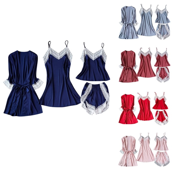 YHAJDS Womens Pajama Set Sleepwear Set for Women 4 Piece Lace Robe Nightgown Camisole Shorts