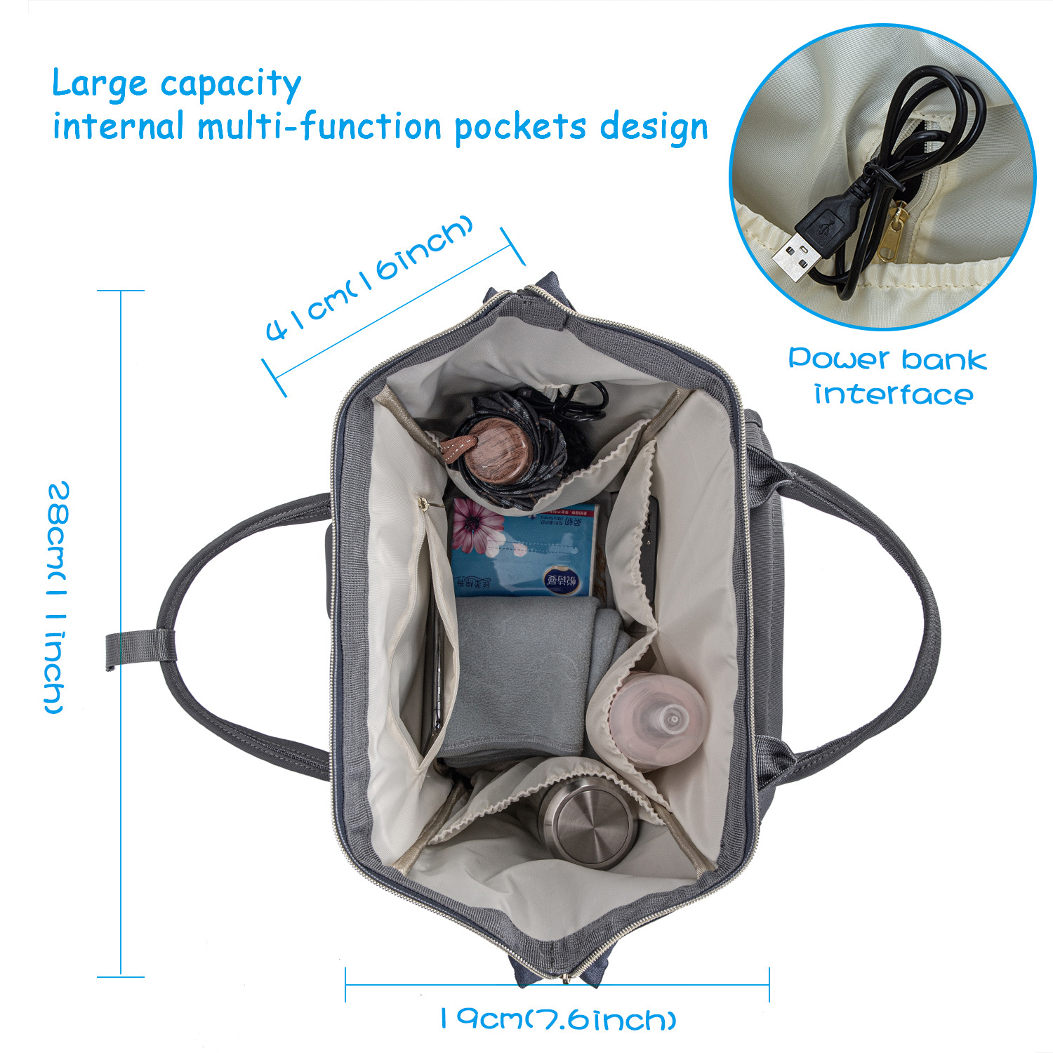 Baby Diaper Bag Backpack Tote Backpack Stroller Hanging Bag Travel Nappy Bag with USB Charging Port for Outdoor Working Mommy Bag(Gray)