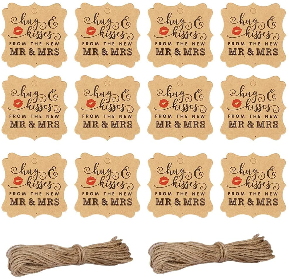Eastjing 100pcs Wedding Gift Tags Hugs and Kisses Mr and Mrs Kraft Label Tags Message Cards Hanging Tags with Twine for Wedding Favors Bridal Shower ...
