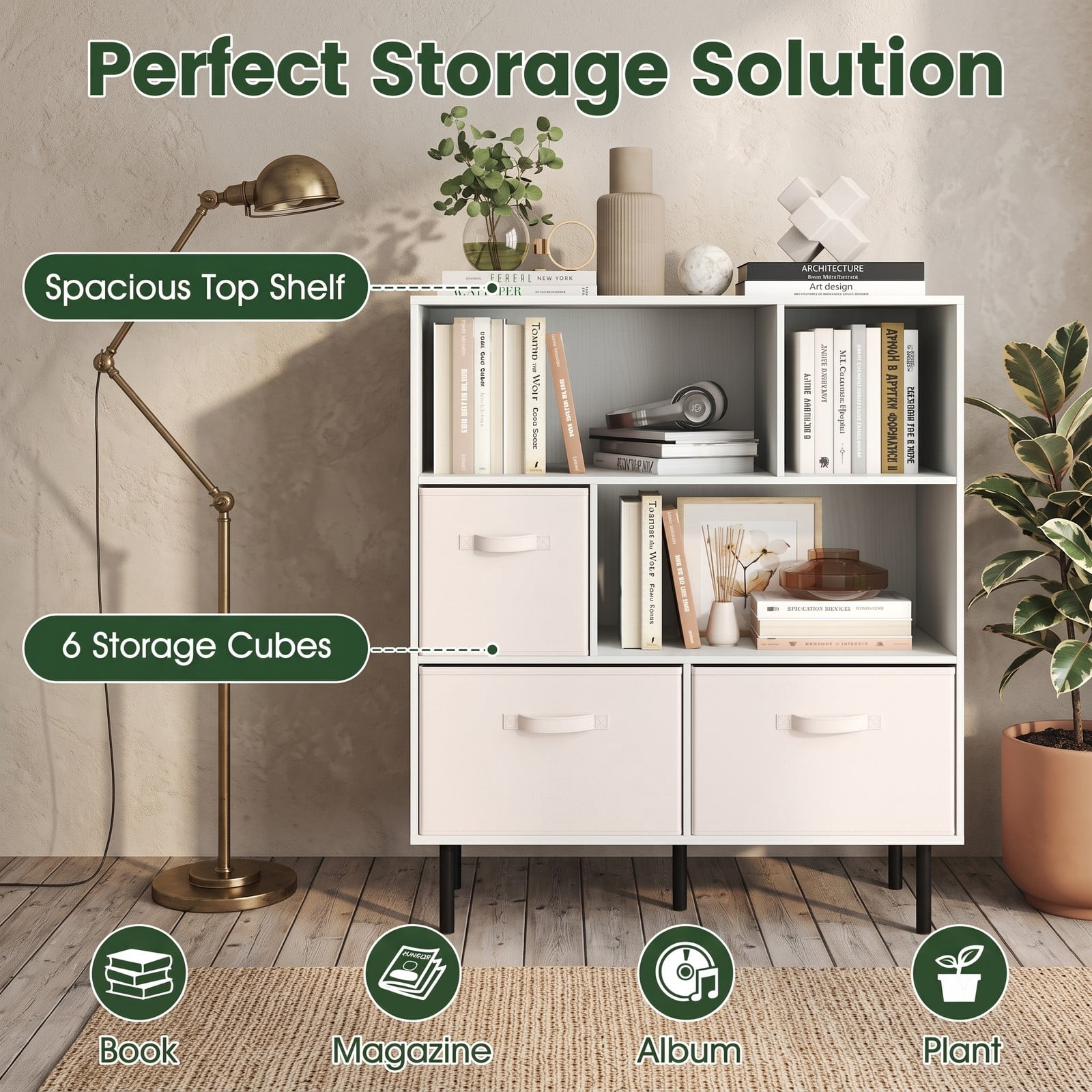 Furnibear 6-Cube Bookshelf with 3 Removable Folding Fabric Drawers, Metal Frame Cube Storage Organizer Bookcase Display Shelf for Living Room Bedroom Home Office, White