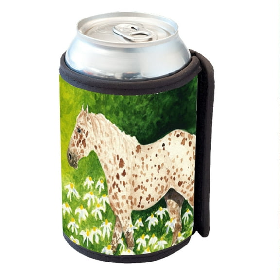 KuzmarK Insulated Drink Can Cooler Hugger - Leopard Appaloosa Horse with Daisies Art by Denise Every