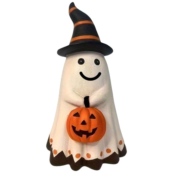 Halloween Ghost Figurine with Pointed Hat & Pumpkin, Cute Standing Resin Statue for Indoor Shelf, Table & Home Decor